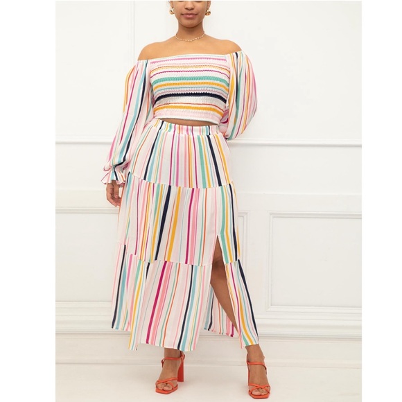 ELOQUII Rainbow Tiered Maxi Skirt With Slit Pull On Elastic Waist Colorful - Picture 3 of 9